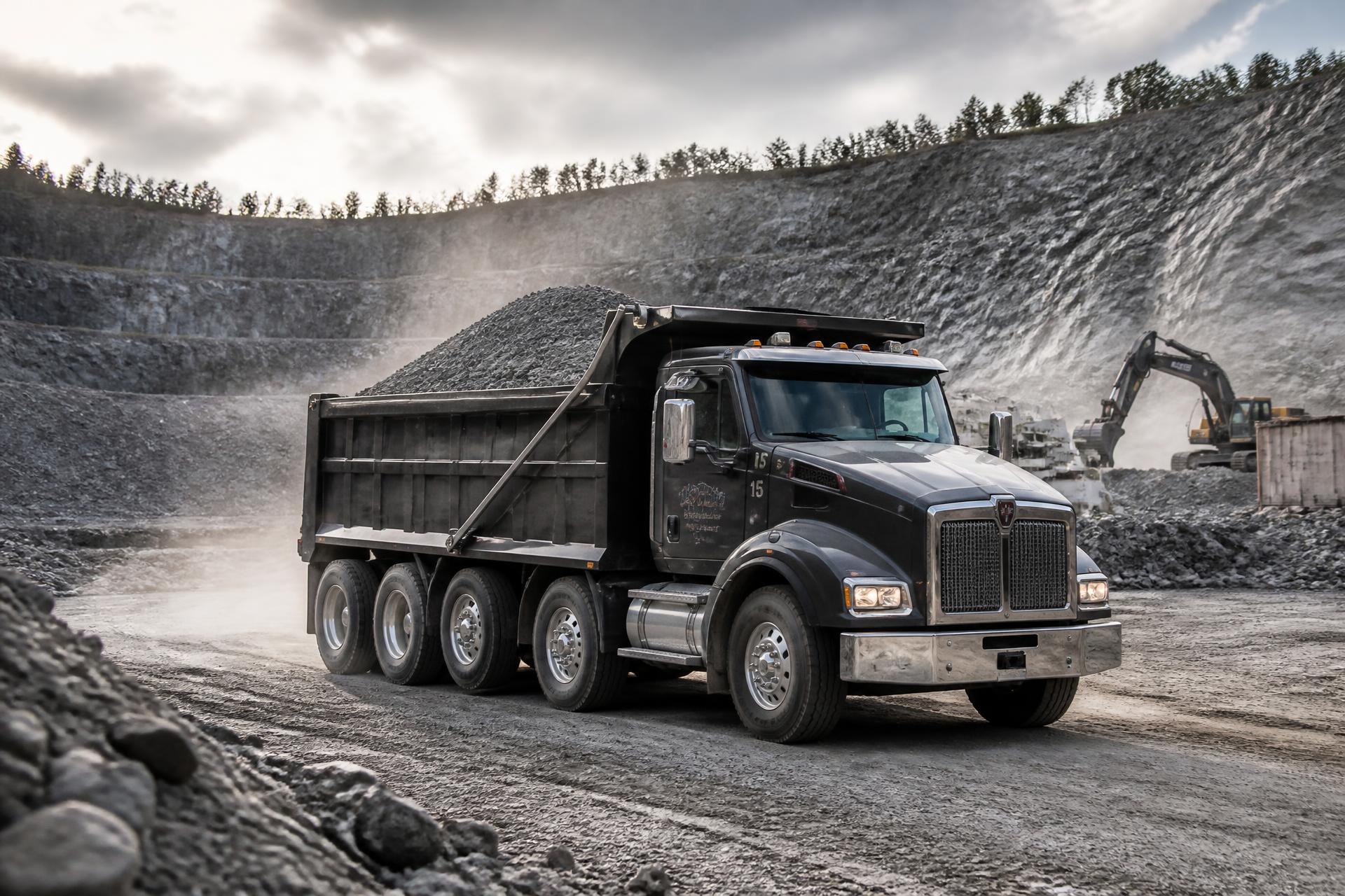 Quad-axle dump truck loaded with aggregate in a quarry
